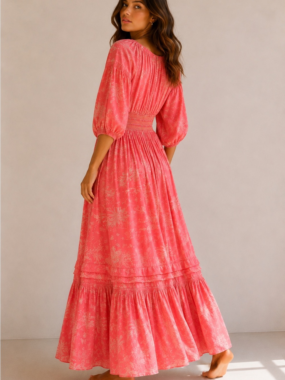 Free People Golden Hour Maxi Dress Coral Pink Floral Babydoll Beach Resort - Picture 2 of 15